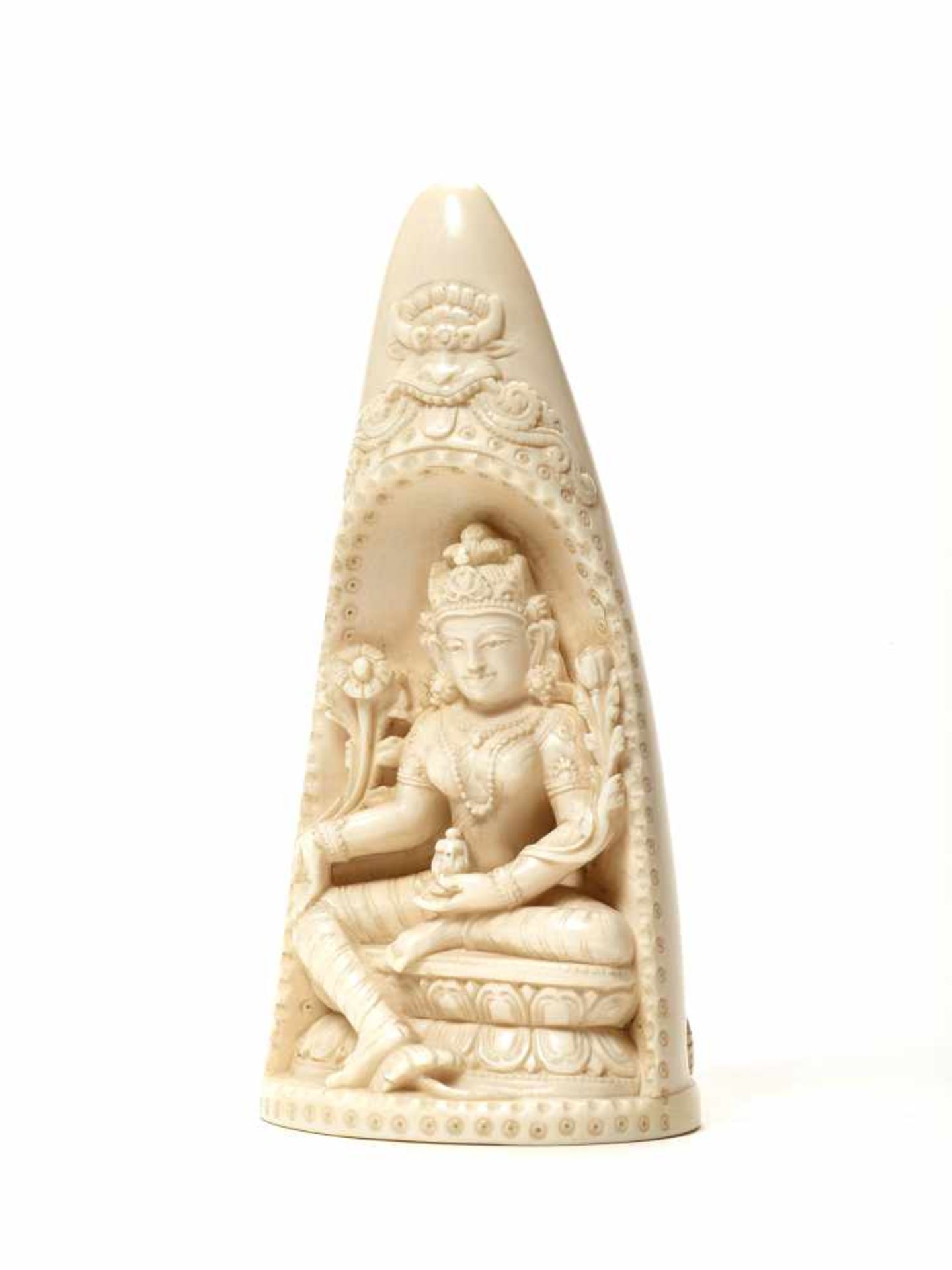 AN INDIAN IVORY TUSK CARVING OF PADMAPANI, 20th CENTURYIvoryIndia, 20th centuryThe ivory carved from - Image 2 of 5