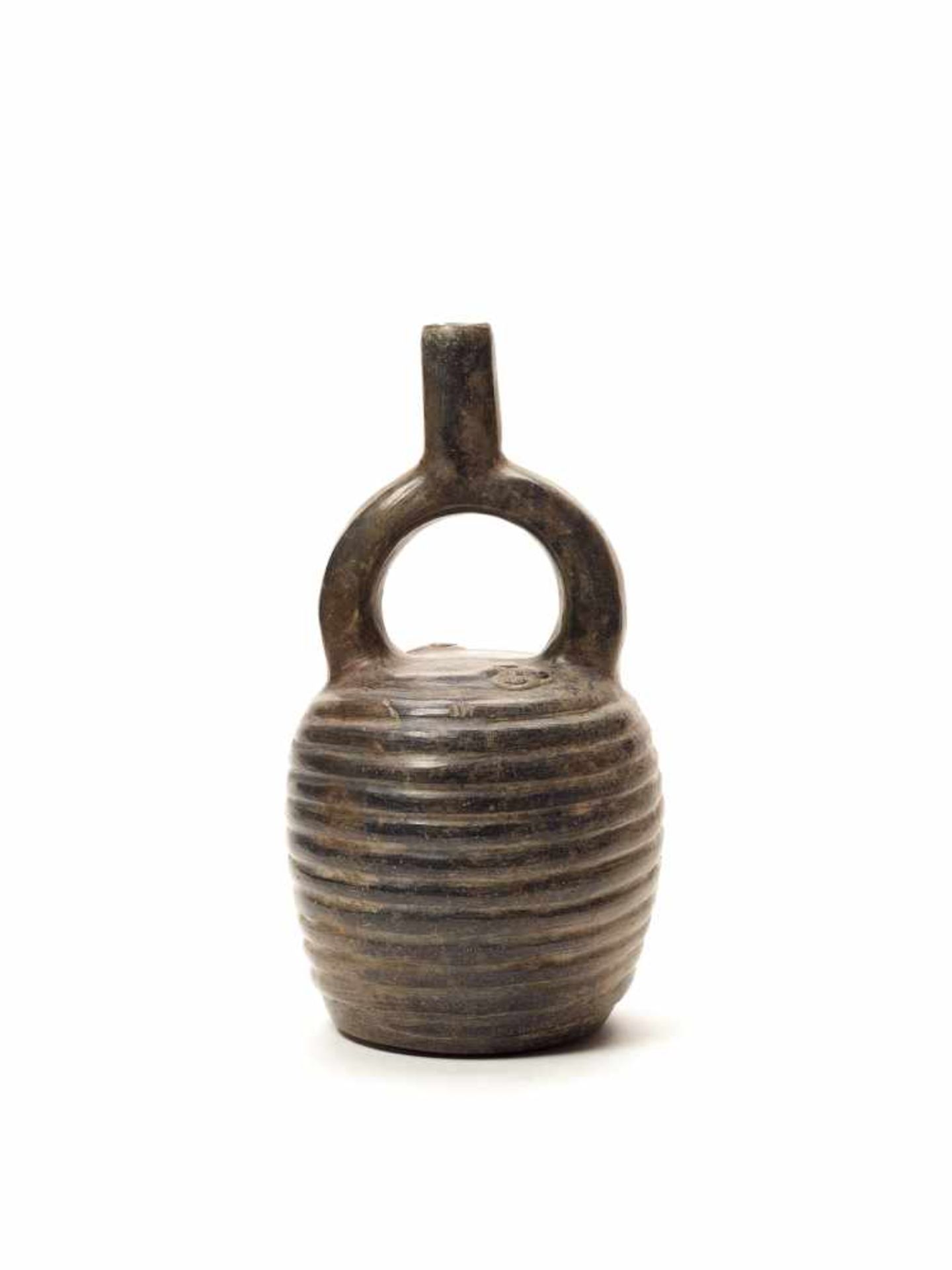 BLACK STIRRUP VESSEL WITH 2 SNAKES – CHIMU CULTURE, PERU, C. 12TH CENTURYBlack fired clayChimu