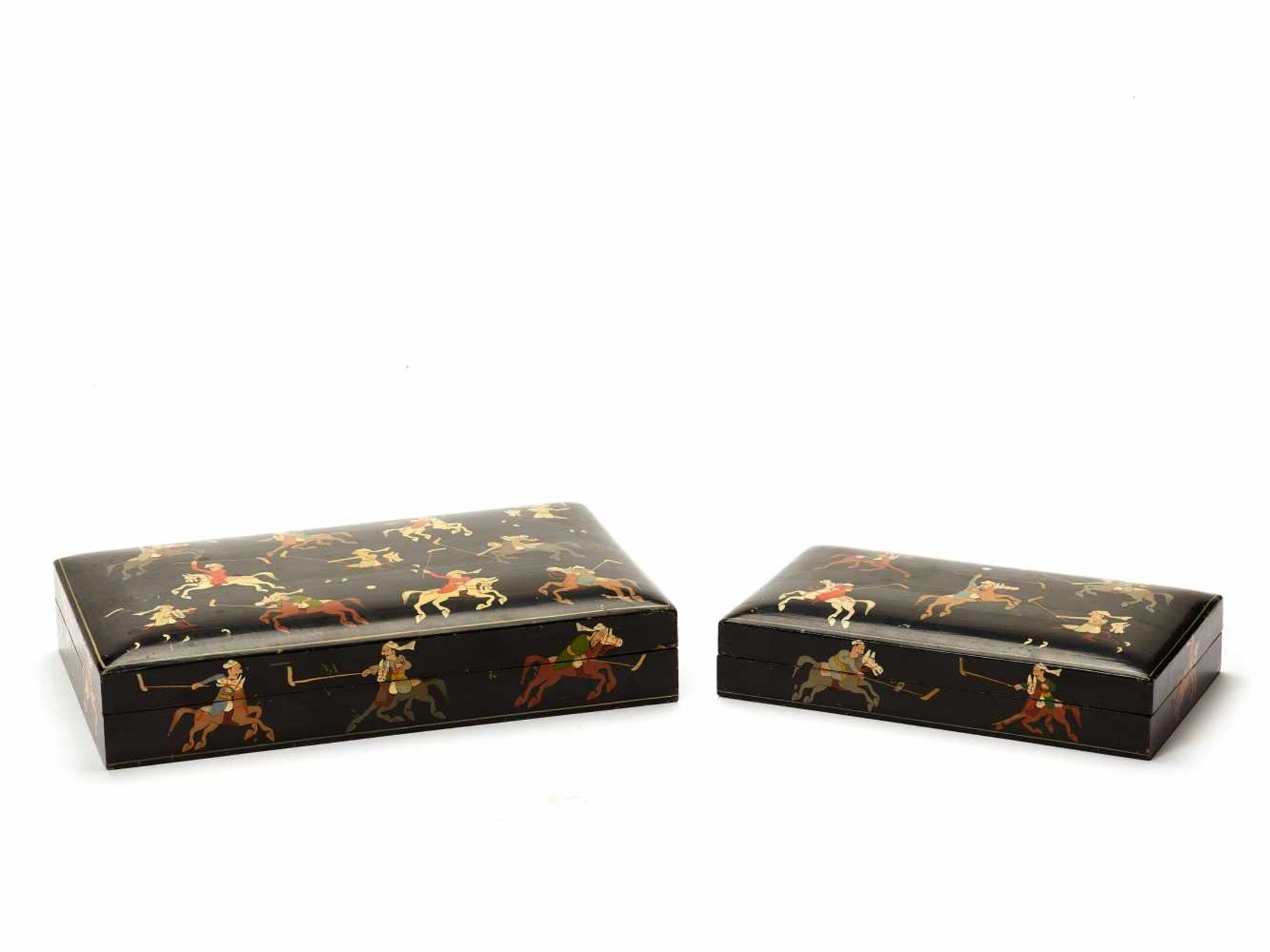 A 1950s LACQUERED PAIR OF JEWELRY BOXES WITH POLO RIDERSLacquered woodIndia, Srinagar, KashmirThe