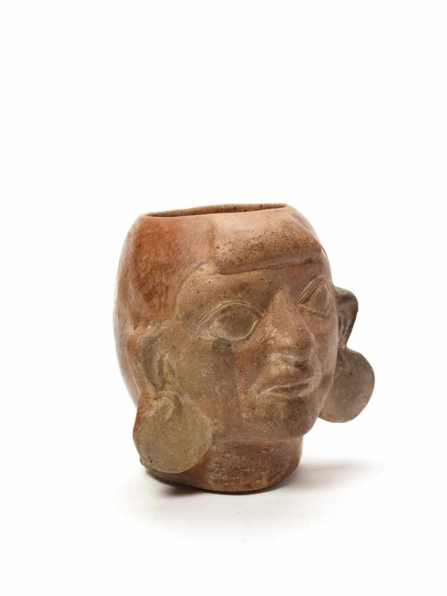 MUG IN THE SHAPE OF A HEAD – MOCHE CULTURE, PERU, C. 500 ADFired clayMoche culture, Peru, c. 500 - Image 2 of 3