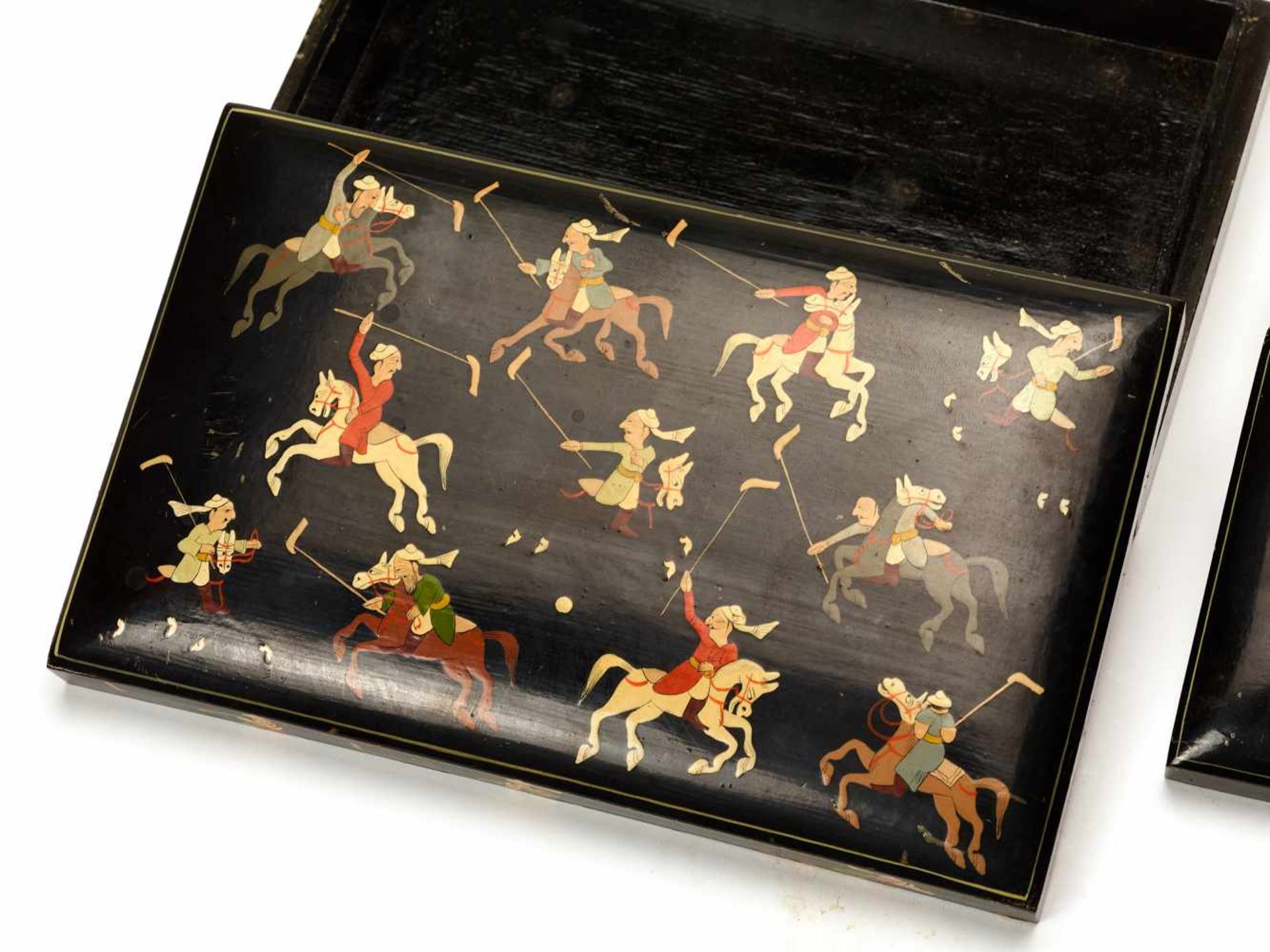 A 1950s LACQUERED PAIR OF JEWELRY BOXES WITH POLO RIDERSLacquered woodIndia, Srinagar, KashmirThe - Image 2 of 4