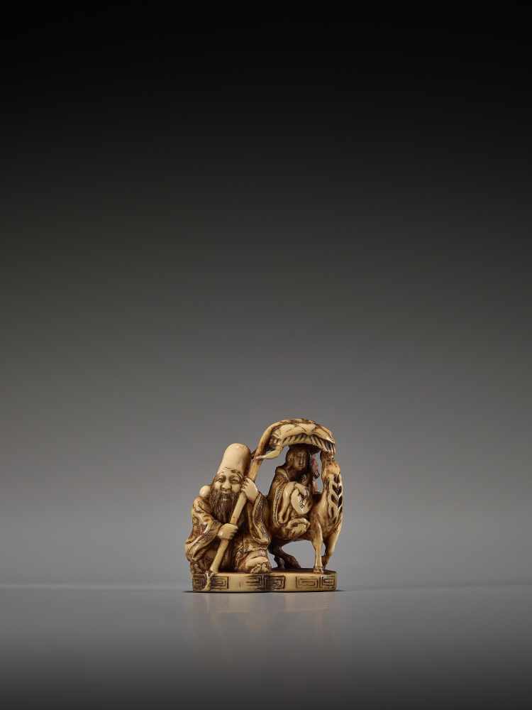 A RARE IVORY NETSUKE OF JUROJIN AND BENTEN BY JORYUBy Joryu, ivory netsukeJapan, 19th century Edo