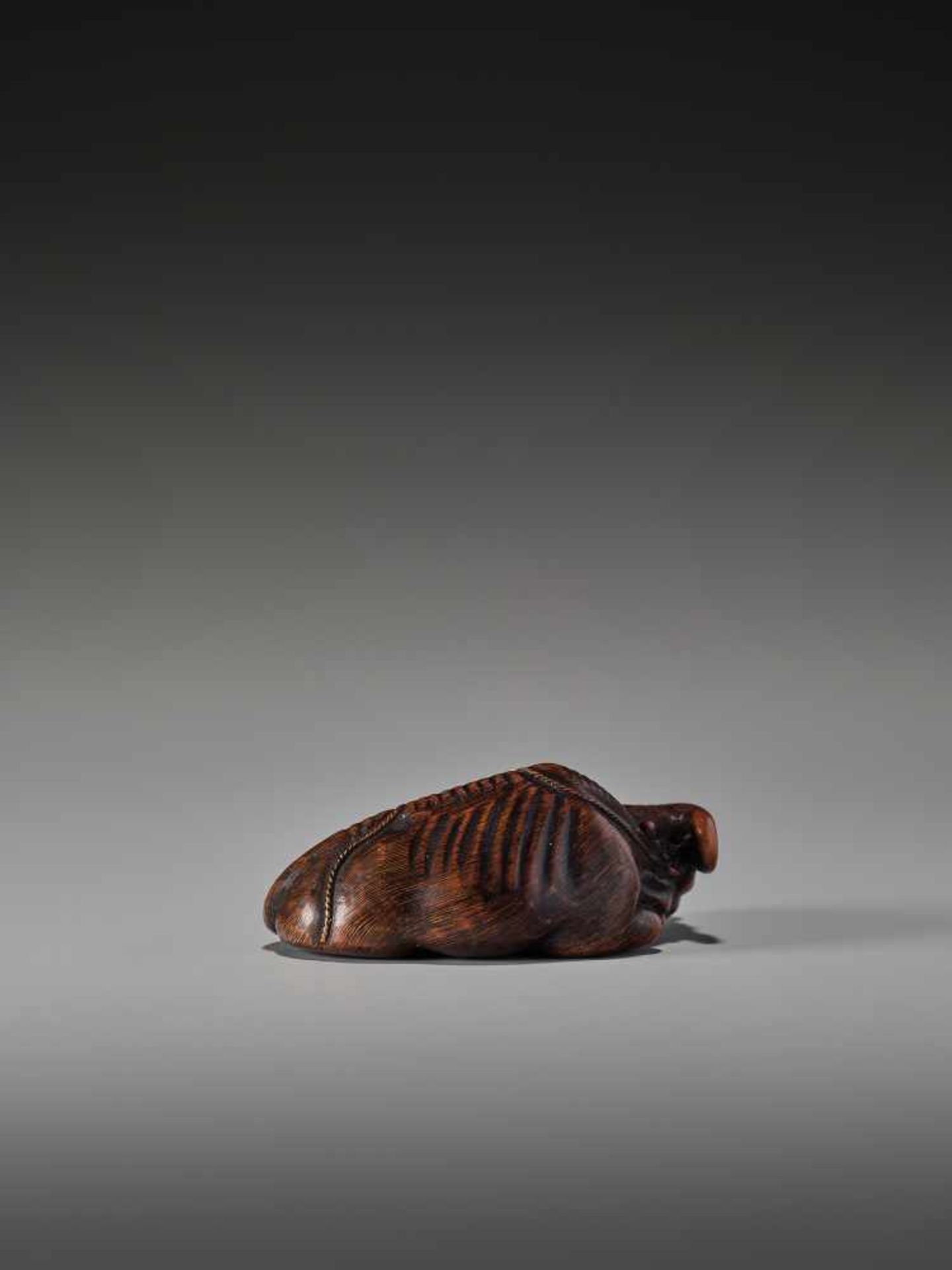 A RARE WOOD NETSUKE OF A RECUMBENT OX SIGNED TOMOTADASigned Tomotada, wood netsukeJapan, 19th - Bild 4 aus 8