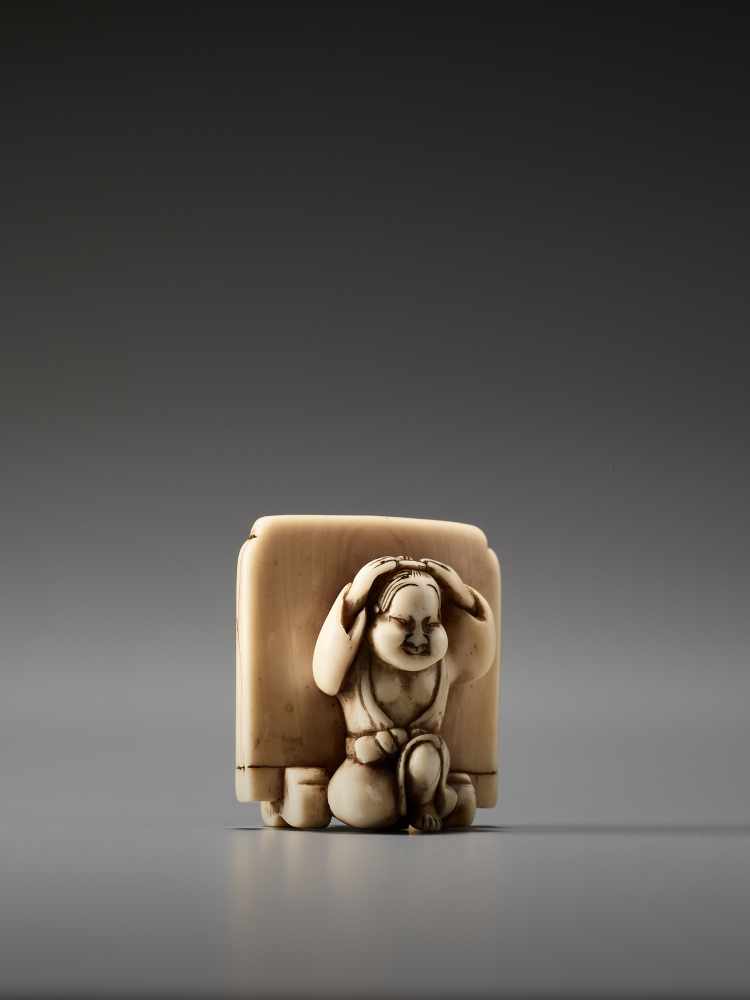 AN IVORY NETSUKE OF OKAME IN FRONT OF A SCREEN BY HIDEMASABy Hidemasa, ivory netsukeJapan, Osaka, - Image 6 of 8