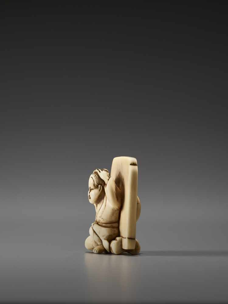 AN IVORY NETSUKE OF OKAME IN FRONT OF A SCREEN BY HIDEMASABy Hidemasa, ivory netsukeJapan, Osaka, - Image 3 of 8