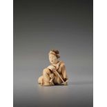 AN IVORY SHUNGA NETSUKE OF A BIJIN WITH PIPE BY KOHOSAIBy Kohosai, ivory shunga netsukeJapan, Osaka,