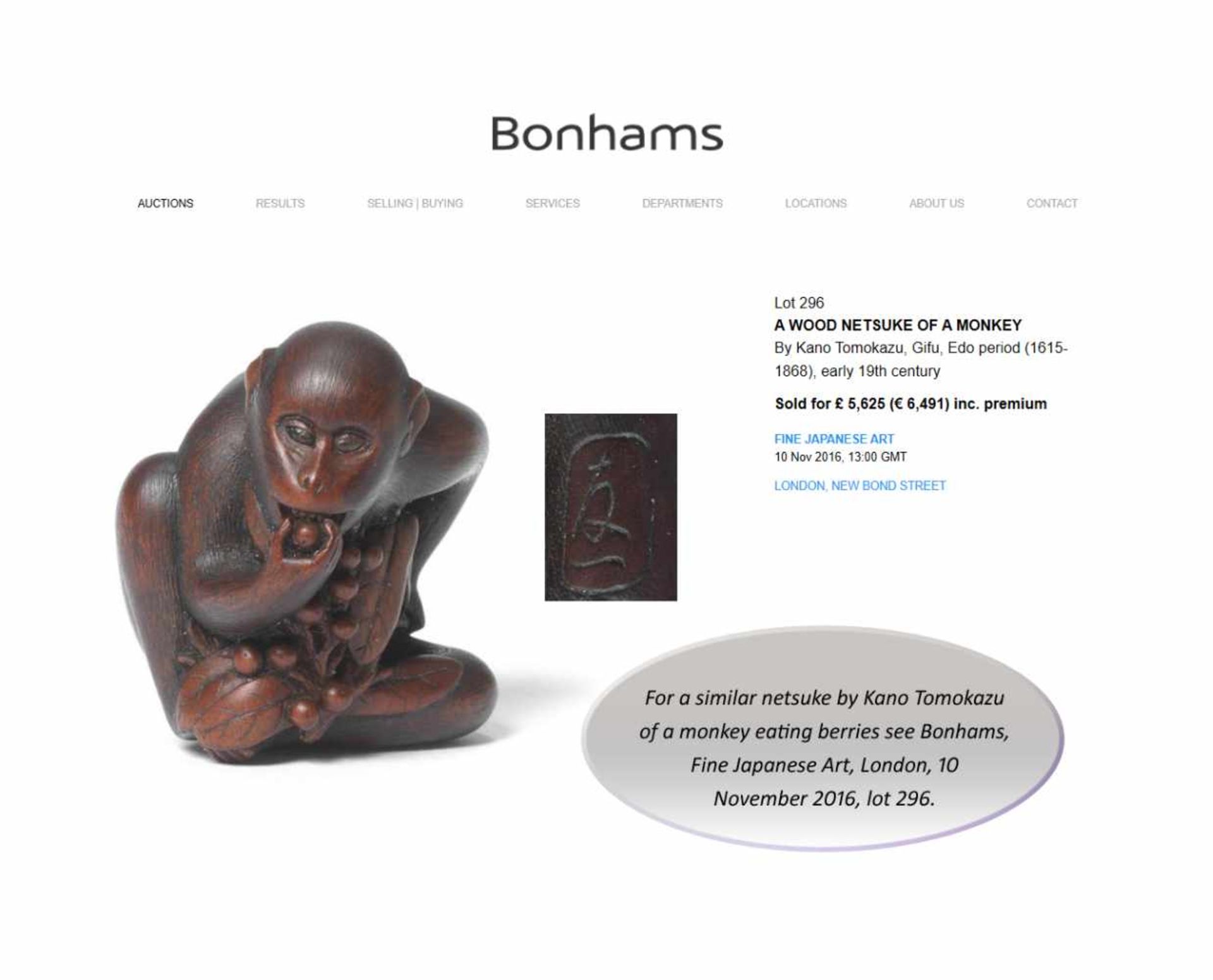 AN EXCELLENT WOOD NETSUKE OF A MONKEY EATING BERRIES BY KANO TOMOKAZUBy Tomokazu, wood netsukeJapan, - Image 10 of 11