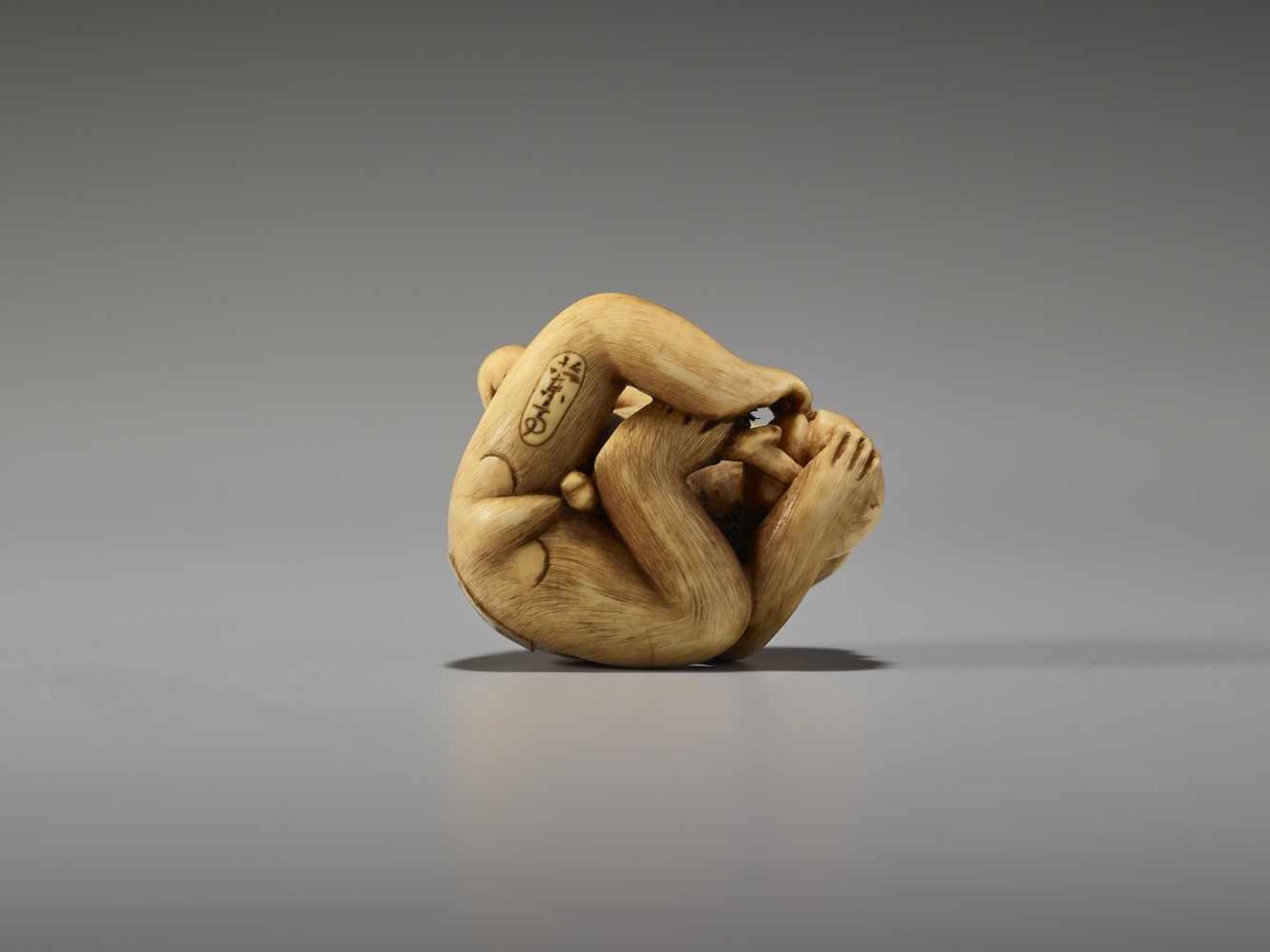 AN EXCELLENT IVORY NETSUKE OF A MONKEY EATING A PEACH BY RANTEIBy Rantei, ivory netsukeJapan, Kyoto, - Image 7 of 13