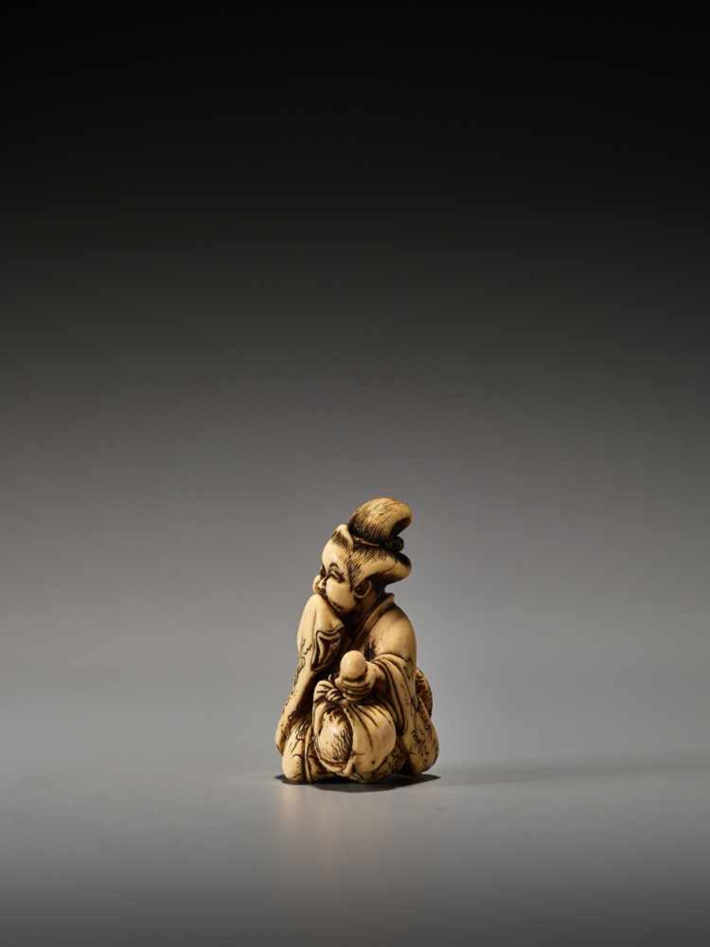 A RARE IVORY SHUNGA NETSUKE OF OKAME WITH TENGU MASK BY SHUOSAI HIDEMASABy Shuosai (Hidemasa), ivory - Image 3 of 9