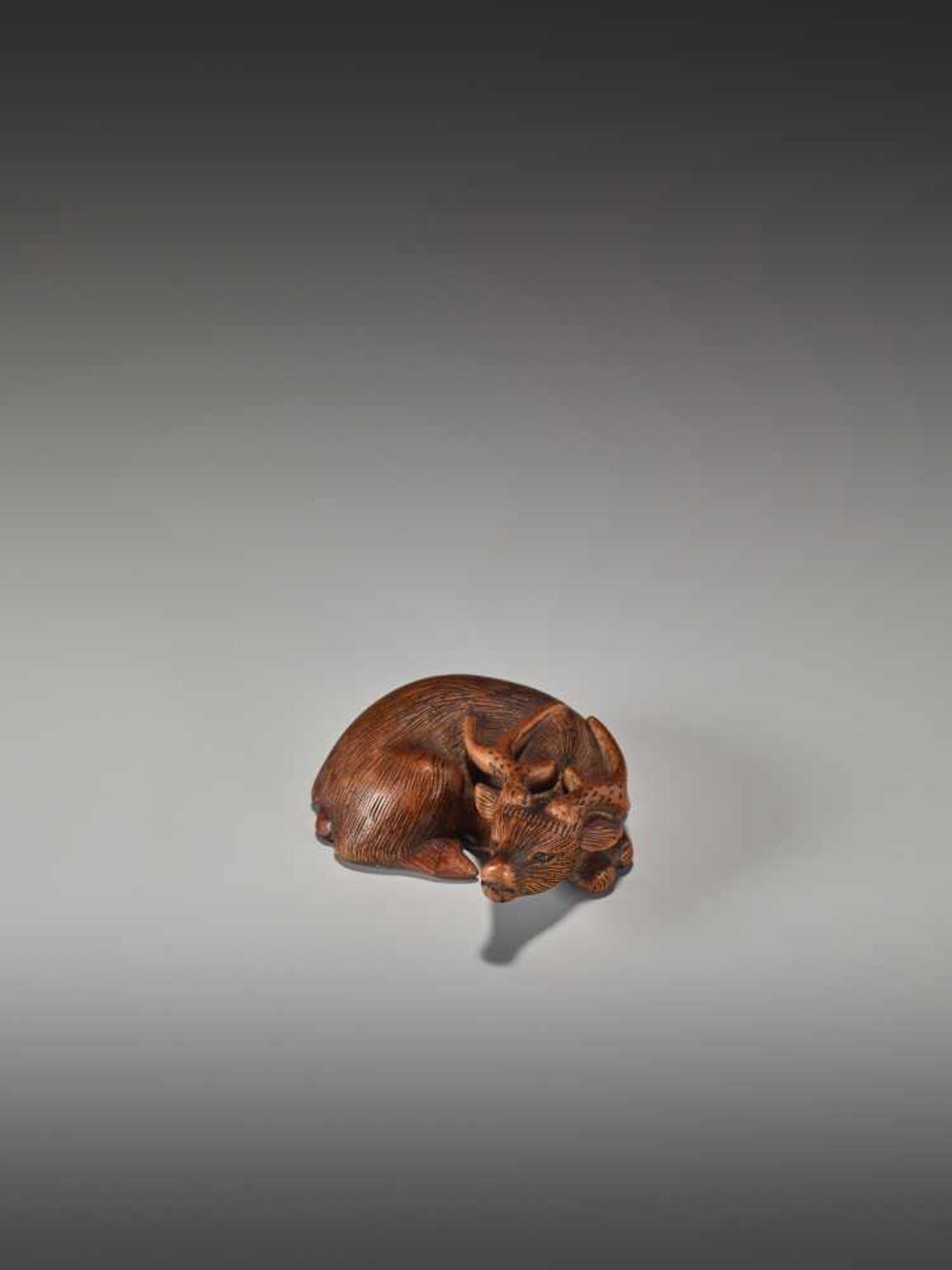 A GOOD WOOD NETSUKE OF A RECUMBENT DEERUnsigned, wood netsukeJapan, first half of the 19th - Image 3 of 8