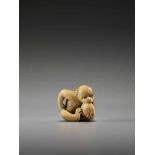 AN EXCELLENT IVORY NETSUKE OF A MONKEY EATING A PEACH BY RANTEIBy Rantei, ivory netsukeJapan, Kyoto,