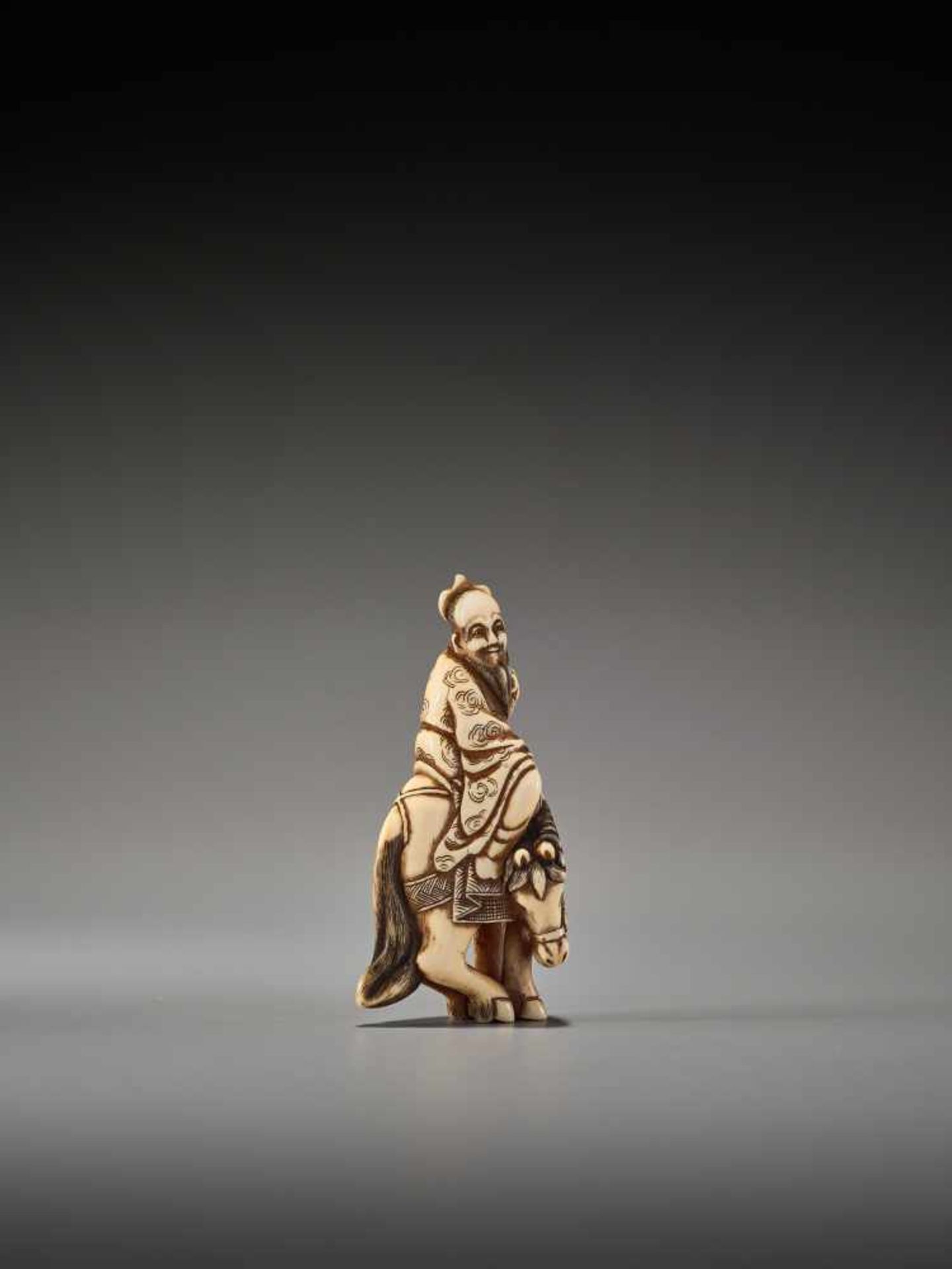 AN IVORY NETSUKE OF A TAOIST IMMORTAL ON HORSEBACK SIGNED MASANAOSigned Masanao, ivory netsukeJapan, - Bild 5 aus 7