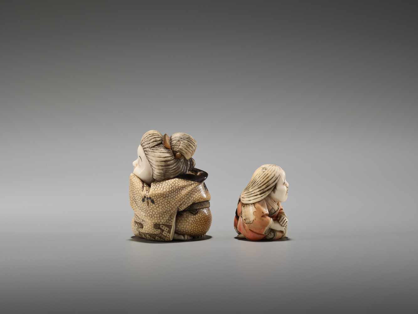 TWO IVORY TOKYO-SCHOOL NETSUKE DEPICTING OKAME BY YASUMASA AND YASUAKIBy Yasuaki (Homei) and - Image 4 of 9