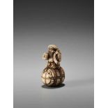 AN IVORY NETSUKE OF DAIKOKU ON A RICE BALE BY RANTEIBy Rantei, ivory netsukeJapan, Kyoto, mid-19th