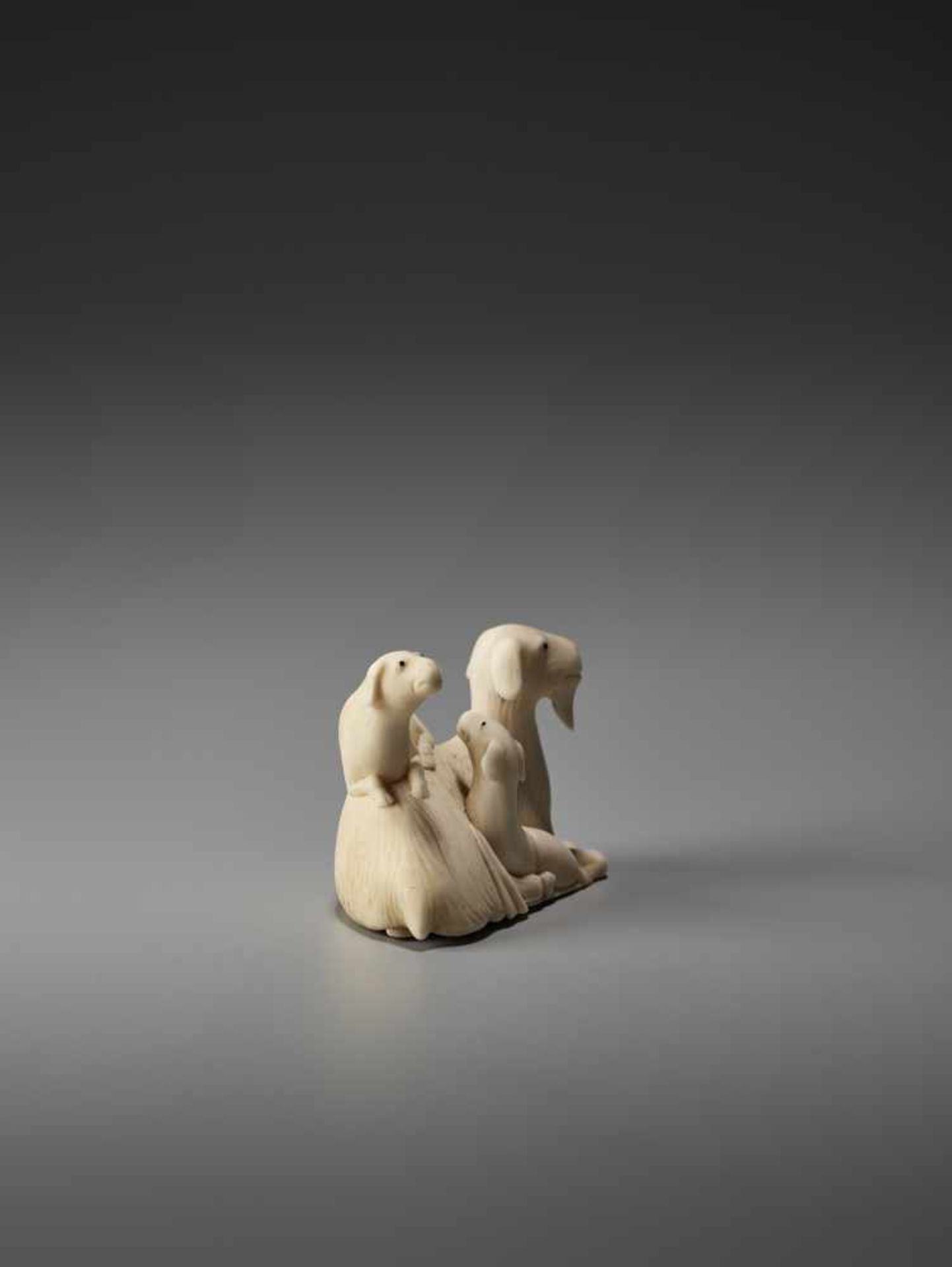 A FINE IVORY NETSUKE OF GROUP OF GOATS AFTER KAIGYOKUSAI MASATSUGU (1813-1892) Signed Kaigyokusai, - Bild 4 aus 9