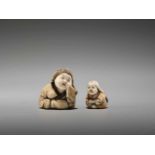 TWO IVORY TOKYO-SCHOOL NETSUKE DEPICTING OKAME BY YASUMASA AND YASUAKIBy Yasuaki (Homei) and