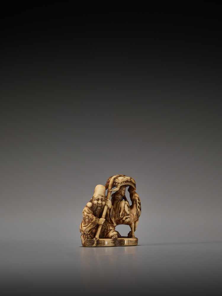 A RARE IVORY NETSUKE OF JUROJIN AND BENTEN BY JORYUBy Joryu, ivory netsukeJapan, 19th century Edo - Image 6 of 8