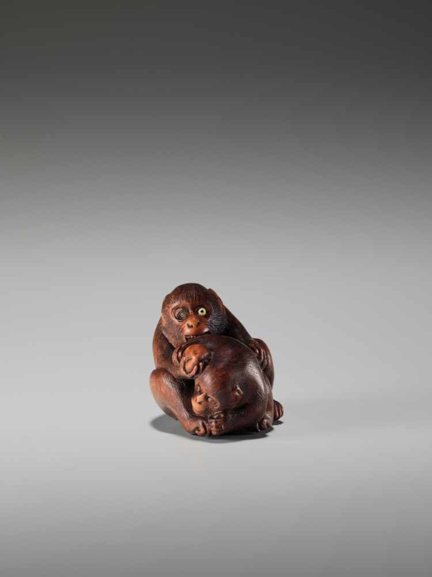 AN UNUSUAL WOOD NETSUKE OF A BLIND MONKEY FIGHTING ANOTHER MONKEY BY MASACHIKABy Masachika, wood - Image 5 of 13