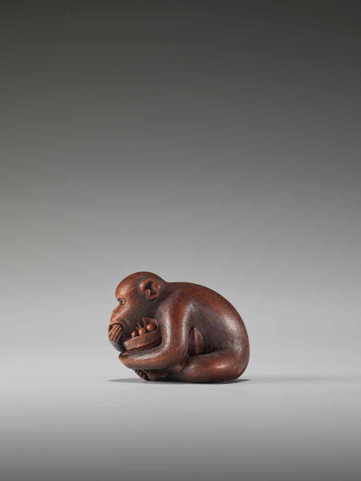 AN EXCELLENT WOOD NETSUKE OF A MONKEY EATING BERRIES BY KANO TOMOKAZUBy Tomokazu, wood netsukeJapan, - Image 6 of 11