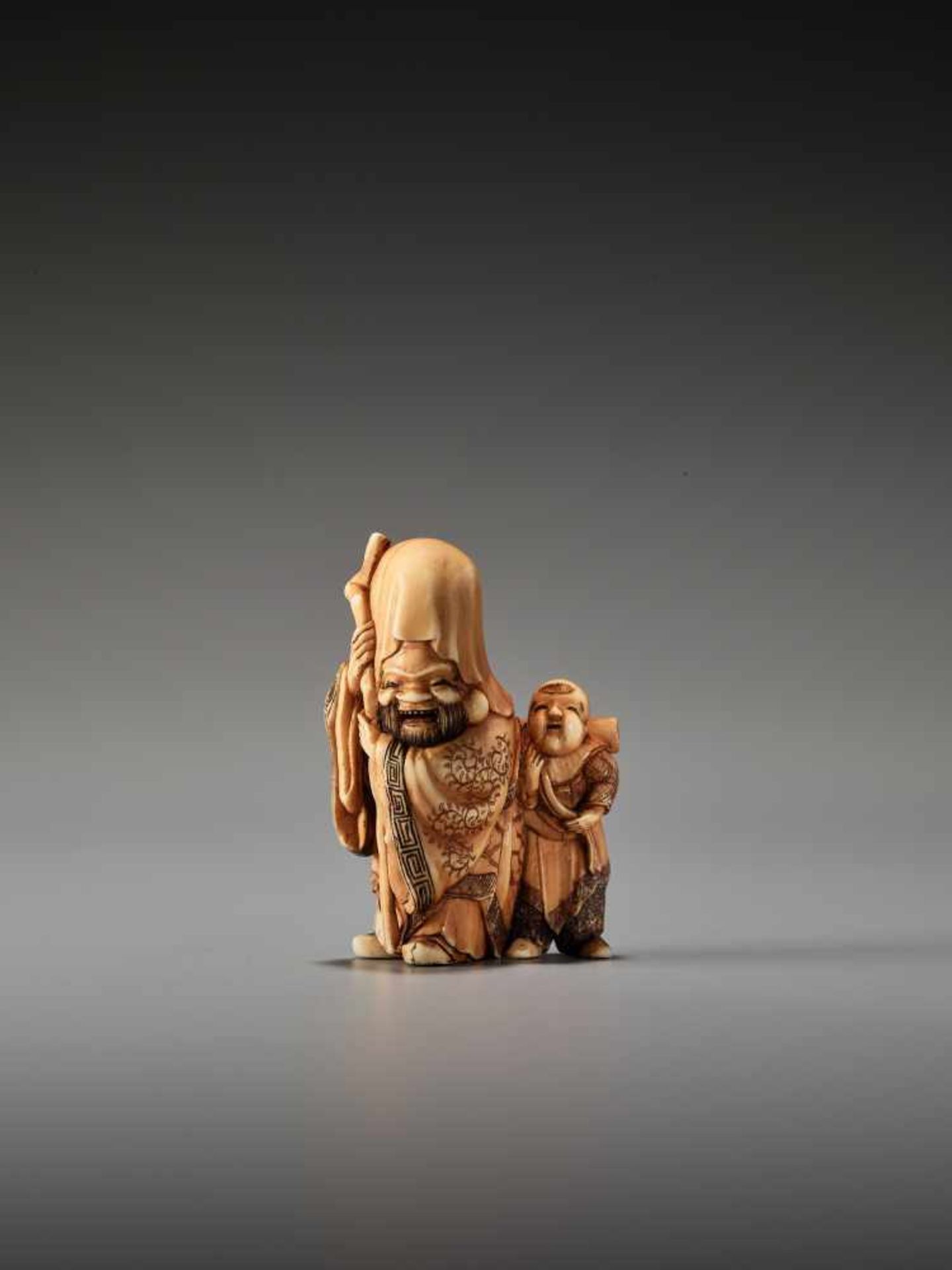 A FINE IVORY NETSUKE OF JUROJIN WITH BOYUnsigned, ivory netsukeJapan, probably Osaka, 19th