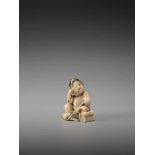 A RARE IVORY SHUNGA NETSUKE OF A BIJIN WITH A PIPE BY HAKUUNSAIBy Hakuunsai, ivory shunga