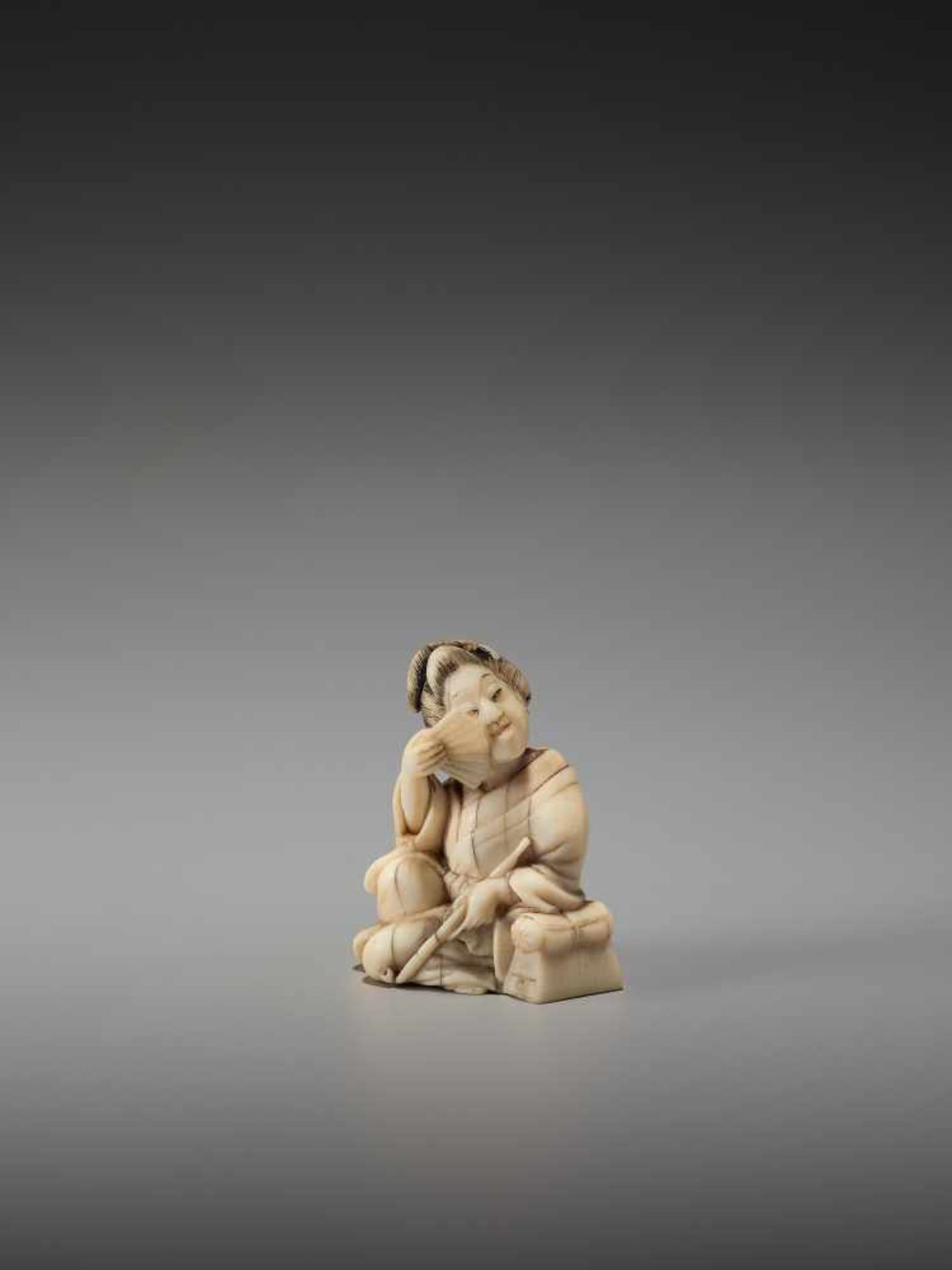 A RARE IVORY SHUNGA NETSUKE OF A BIJIN WITH A PIPE BY HAKUUNSAIBy Hakuunsai, ivory shunga