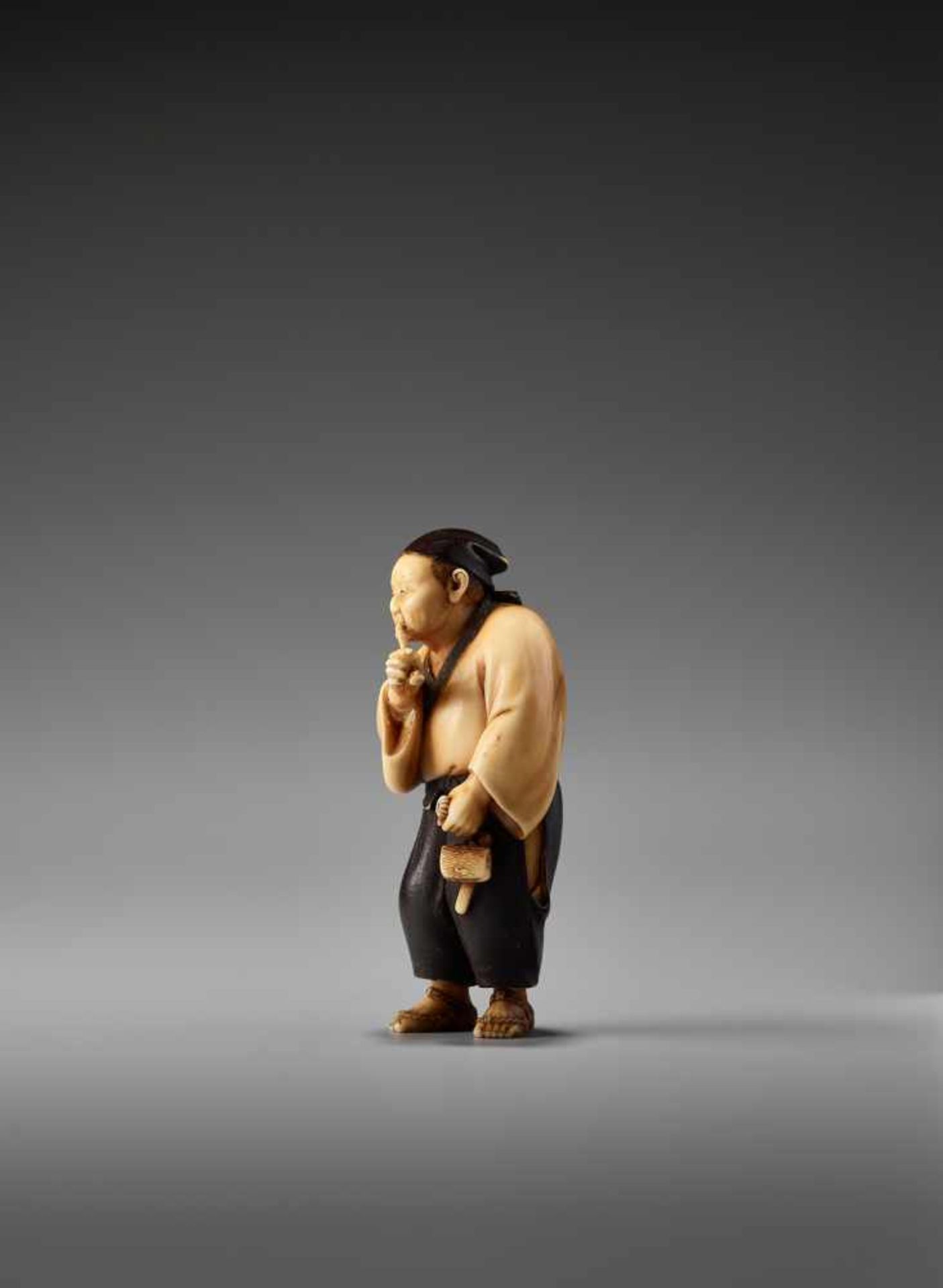 A SO SCHOOL IVORY NETSUKE OF A MAN SMOKING A PIPE BY SOSAIBy Sosai, ivory netsuke with lacquerJapan, - Image 2 of 11