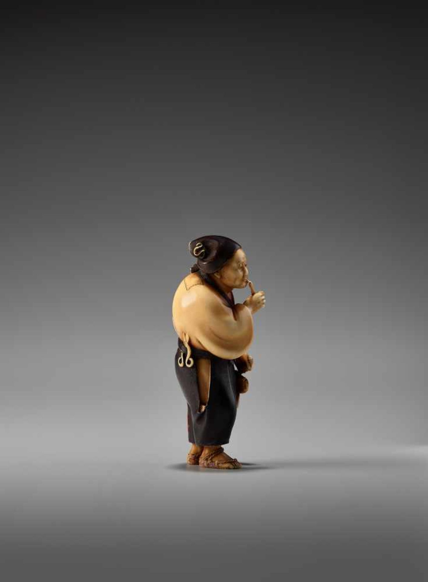 A SO SCHOOL IVORY NETSUKE OF A MAN SMOKING A PIPE BY SOSAIBy Sosai, ivory netsuke with lacquerJapan, - Image 4 of 11