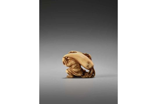 A SMALL IVORY NETSUKE OF DAIKOKU WITH DAIKON AND RAT BY THE TOMOCHIKA SCHOOLBy Tomochika, ivory - Image 4 of 9