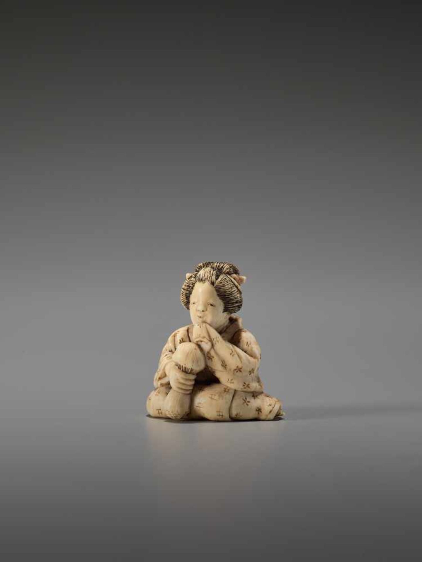 AN IVORY SHUNGA NETSUKE OF A LADY WITH MUSHROOM BY EIRAKUSAIBy Eirakusai, ivory shunga netsukeJapan, - Image 3 of 7