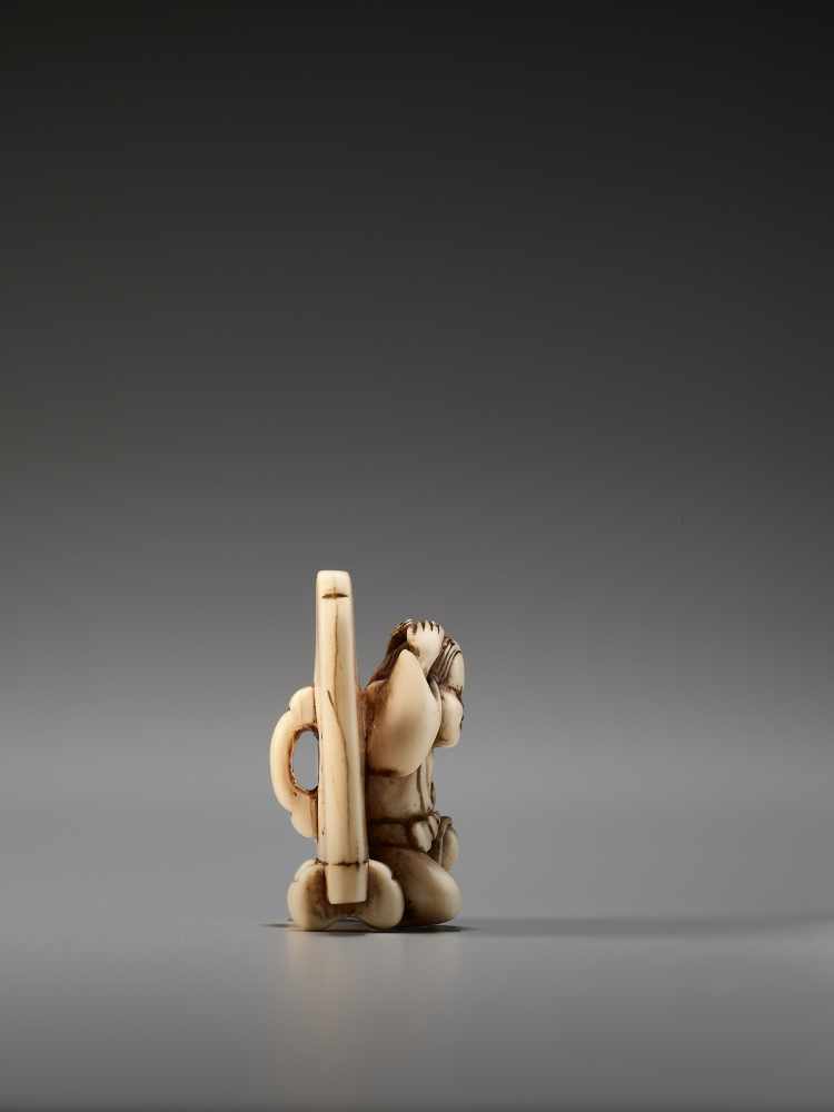 AN IVORY NETSUKE OF OKAME IN FRONT OF A SCREEN BY HIDEMASABy Hidemasa, ivory netsukeJapan, Osaka, - Image 5 of 8