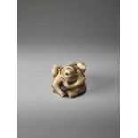 AN IVORY NETSUKE OF A MONKEY WITH KAKI FRUIT BY MASATAMIBy Masatami, ivory netsukeJapan, Tokyo, late