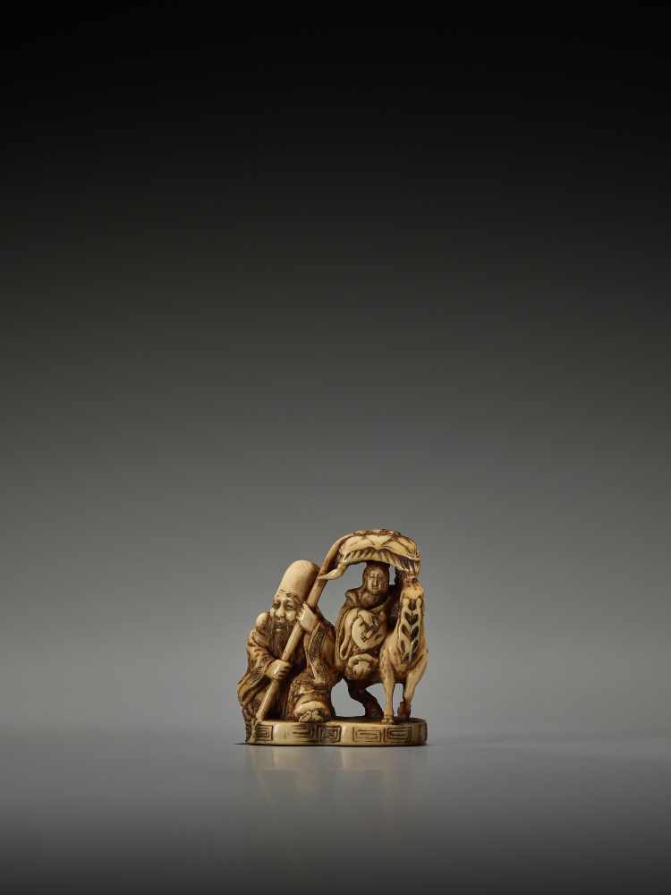 A RARE IVORY NETSUKE OF JUROJIN AND BENTEN BY JORYUBy Joryu, ivory netsukeJapan, 19th century Edo - Image 2 of 8