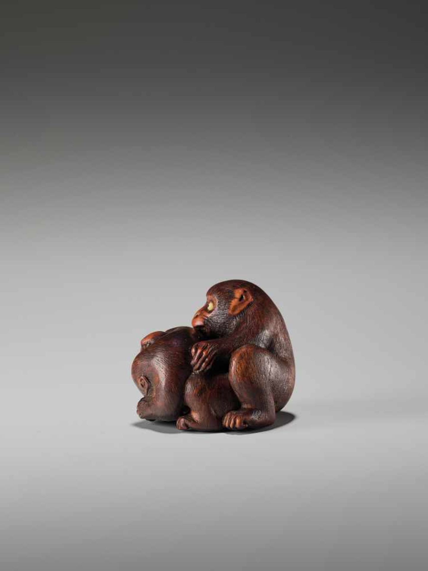 AN UNUSUAL WOOD NETSUKE OF A BLIND MONKEY FIGHTING ANOTHER MONKEY BY MASACHIKABy Masachika, wood - Image 2 of 13