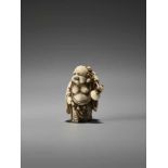 A FINE IVORY NETSUKE OF HOTEI BY MEIKEISAI HOJITSUBy Meikeisai Hojitsu, ivory netsukeJapan, Tokyo,