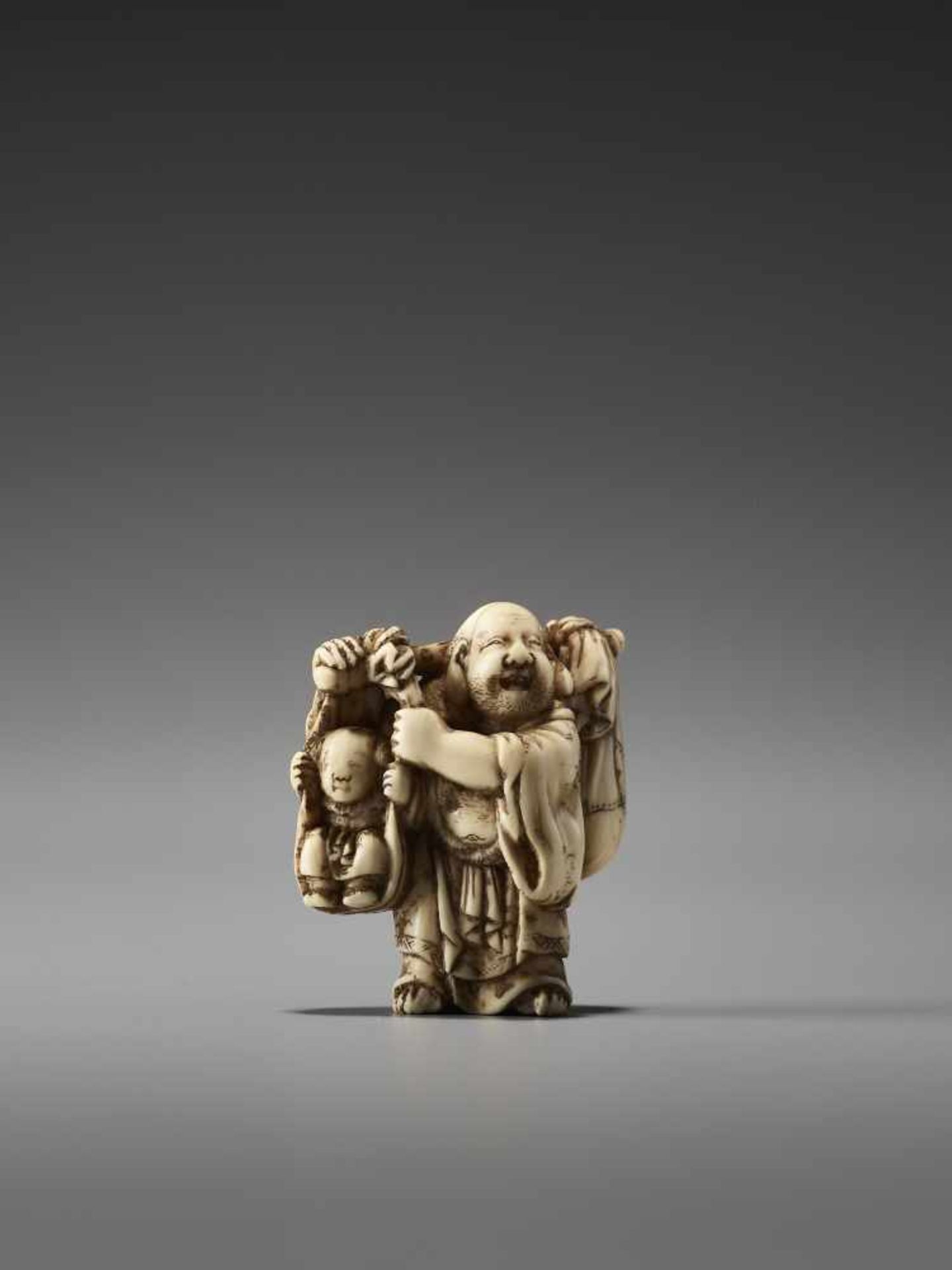 AN IVORY NETSUKE OF HOTEI AND A BOY BY MASATOSHIBy Masatoshi, ivory netsukeJapan, Tokyo, mid-19th - Image 2 of 7