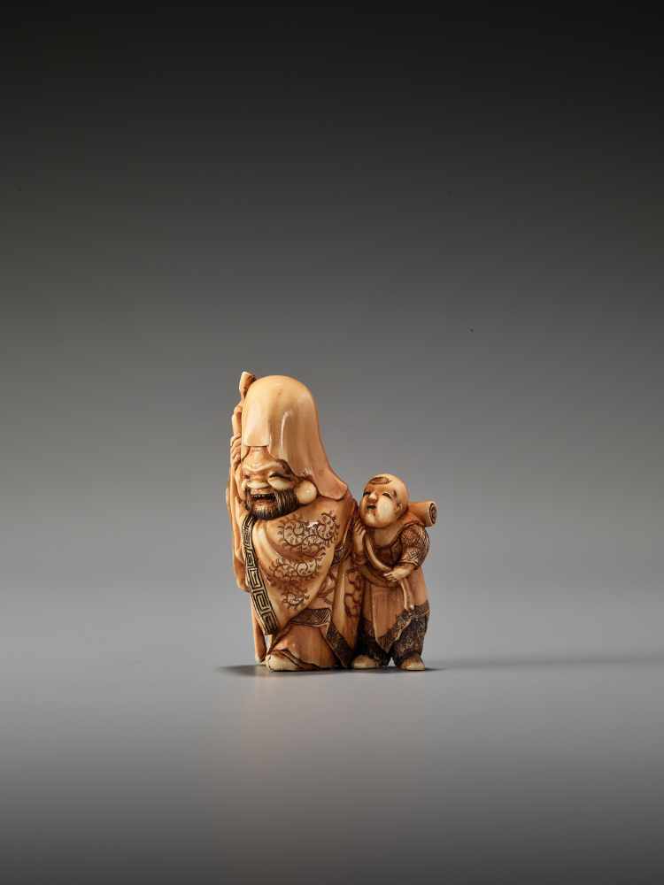 A FINE IVORY NETSUKE OF JUROJIN WITH BOYUnsigned, ivory netsukeJapan, probably Osaka, 19th - Image 2 of 6