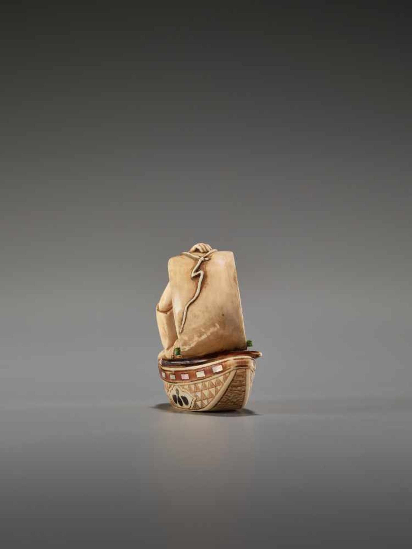 A TOKYO-SCHOOL IVORY NETSUKE OF A FISHERMAN IN A BOAT BY KUSANBy Kusan, ivory netsuke with - Image 5 of 8