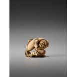 A SMALL IVORY NETSUKE OF DAIKOKU WITH DAIKON AND RAT BY THE TOMOCHIKA SCHOOLBy Tomochika, ivory