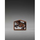 AN UNUSUAL WOOD NETSUKE OF A HORSE IN A WINDOWUnsigned, wood netsukeJapan, 19th century, Edo