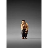 A SO SCHOOL IVORY NETSUKE OF A MAN SMOKING A PIPE BY SOSAIBy Sosai, ivory netsuke with lacquerJapan,