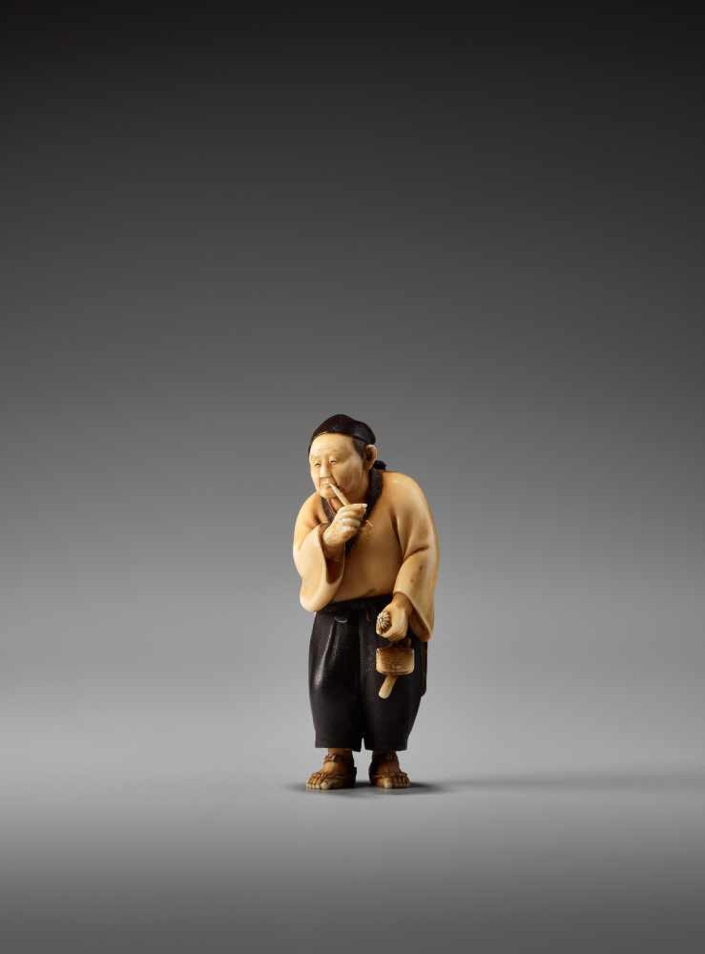 A SO SCHOOL IVORY NETSUKE OF A MAN SMOKING A PIPE BY SOSAIBy Sosai, ivory netsuke with lacquerJapan, - Image 7 of 11