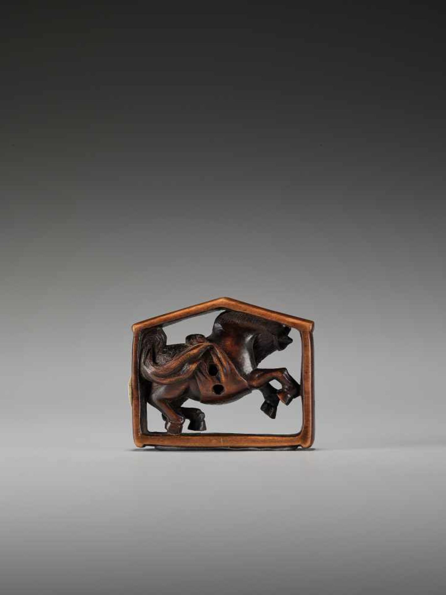 AN UNUSUAL WOOD NETSUKE OF A HORSE IN A WINDOWUnsigned, wood netsukeJapan, 19th century, Edo - Image 5 of 7