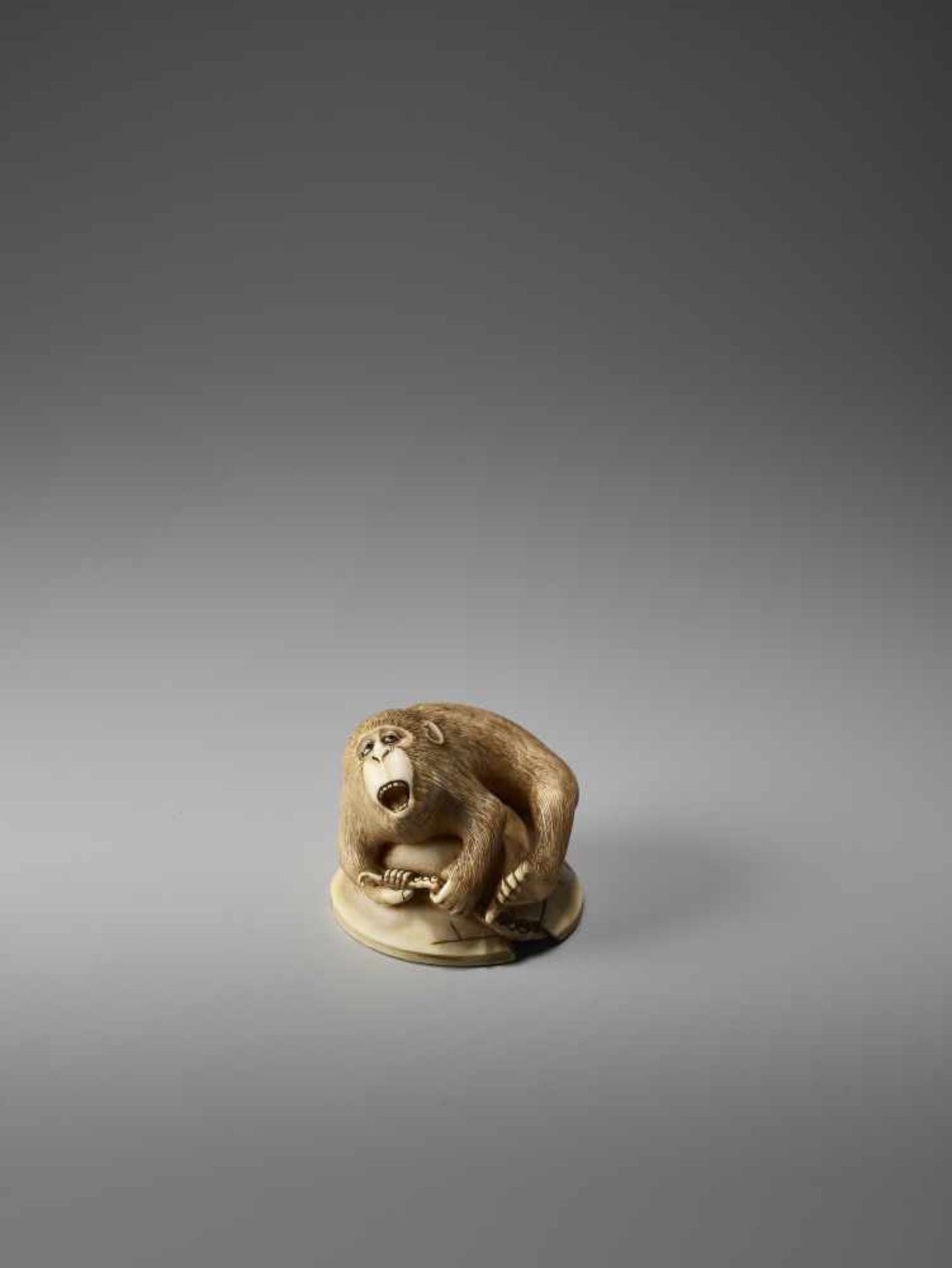 AN IVORY NETSUKE OF A MONKEY TRAPPING AN OCTOPUS BY MASATAMIBy Masatami, ivory netsukeJapan,