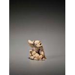 A POWERFUL IVORY NETSUKE OF A SENNIN WITH BOY AND PEACH Unsigned, ivory netsukeJapan, Kyoto, 18th