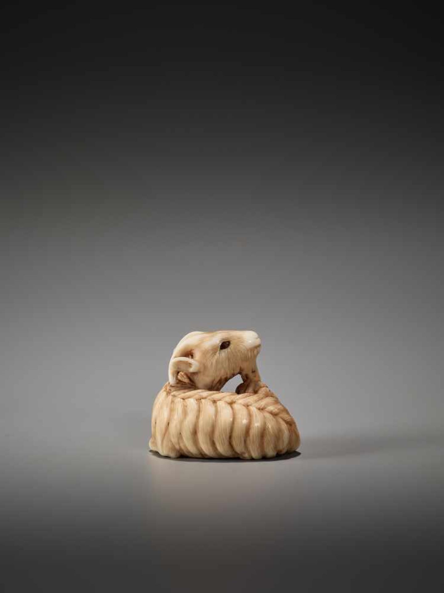 AN IVORY NETSUKE OF A RECUMBENT GOAT ATTRIBUTED TO RANMEIUnsigned, attributed to Ranmei, ivory - Bild 2 aus 7