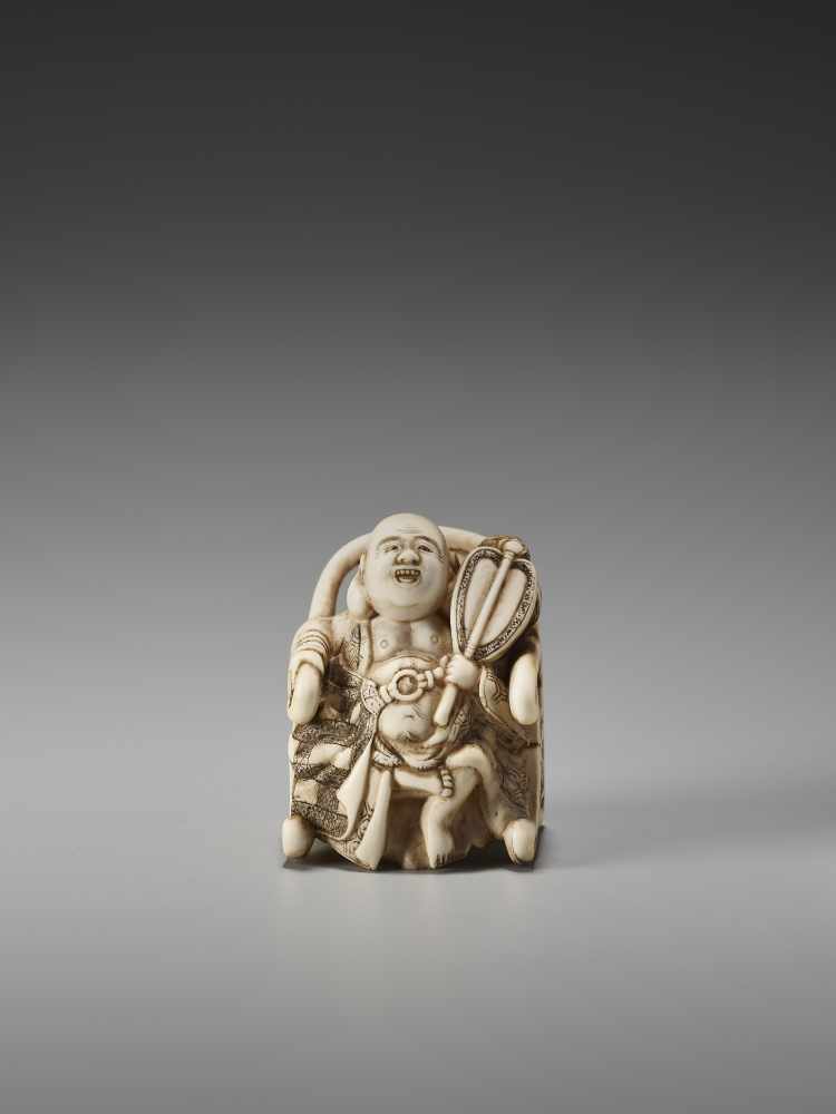 AN UNUSUAL IVORY NETSUKE OF HOTEI ON A THRONE BY CHIKUSAIBy Chikusai, ivory netsukeJapan, mid-19th - Image 5 of 9