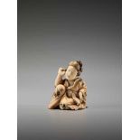 AN IVORY SHUNGA NETSUKE OF A BIJIN BY KOHOSAIBy Kohosai, ivory shunga netsuke with some