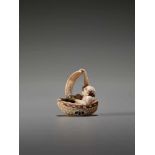 A TOKYO-SCHOOL IVORY NETSUKE OF A FISHERMAN IN A BOAT BY KUSANBy Kusan, ivory netsuke with