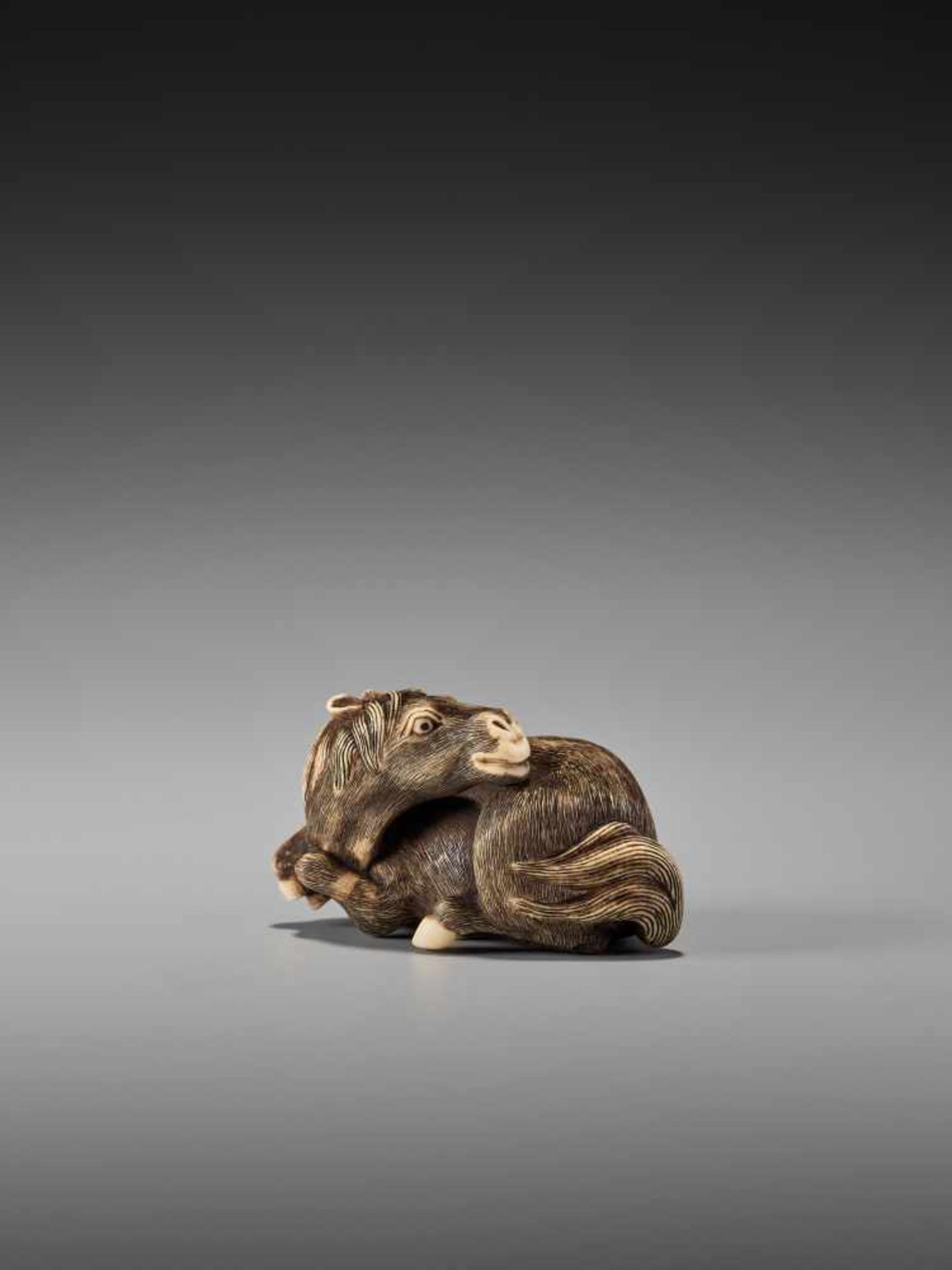 AN EXCELLENT AND RARE IVORY NETSUKE OF A RECUMBENT HORSE BY MITSUHIDEBy Mitsuhide, ivory